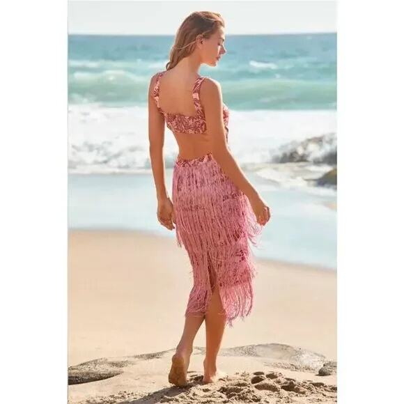 ANTHROPOLOGIE Celandine Linen Fringe Column Midi Dress Pink Size XS - Picture 2 of 10